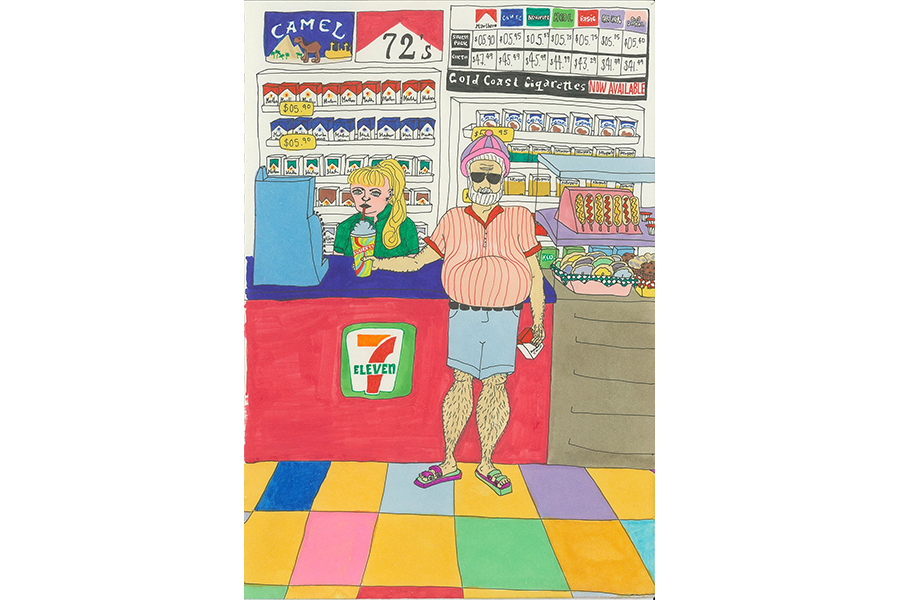 Illustration of a 7-11 counter; a customer, with pastel beanie, sunglasses, full white beard, a striped shirt, jean shorts, and sandals, faces front, holding a slurpee in one hand and cigarettes in the other; behind the counter is an employee in a green polo and blond ponytail; in the background are cigarettes, and to the side of the counter are sundry sweets and other goods.