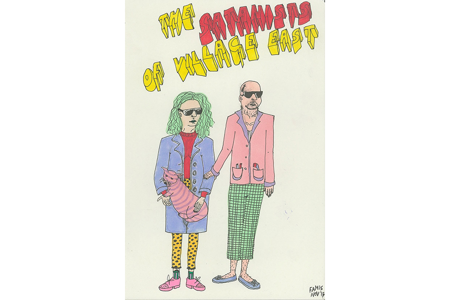 Illustration of a man and a woman under block text reading "The Satanists of Village East," both wear pastel blazers, sunglasses, and patterned pants; the woman has mint green hair and is holding a cat; the man is mostly bald and touches the woman's arm.