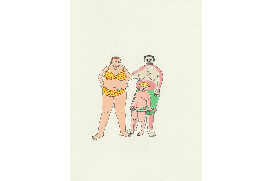 Illustration of three people--two adults and a child--in swimsuits, all have big bellies, and the grown man has a sunburn around the lines of a tank-top