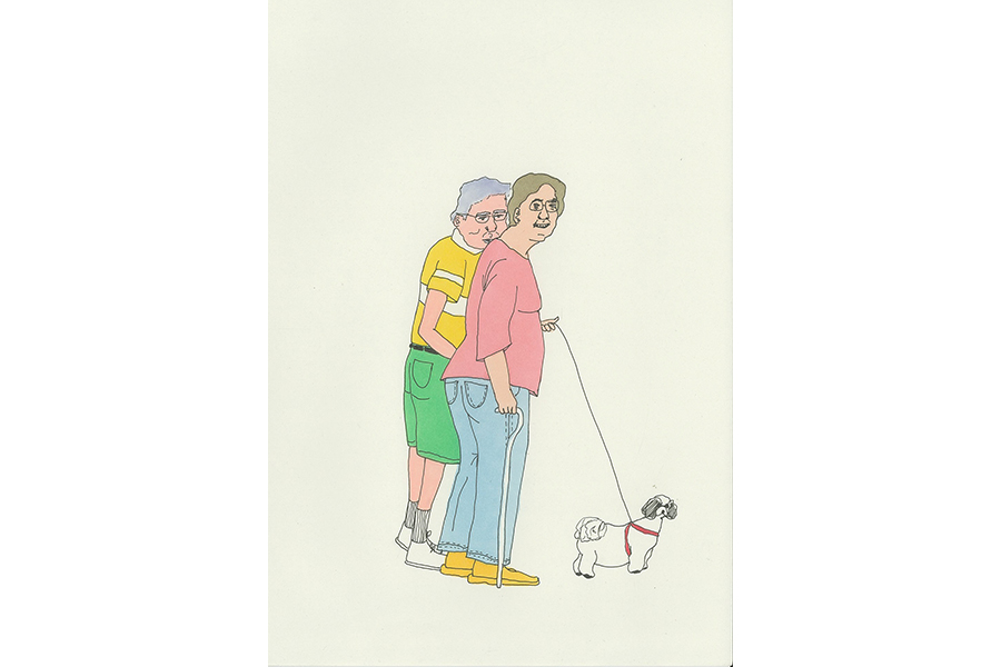 Illustration of two older people walking a small dog