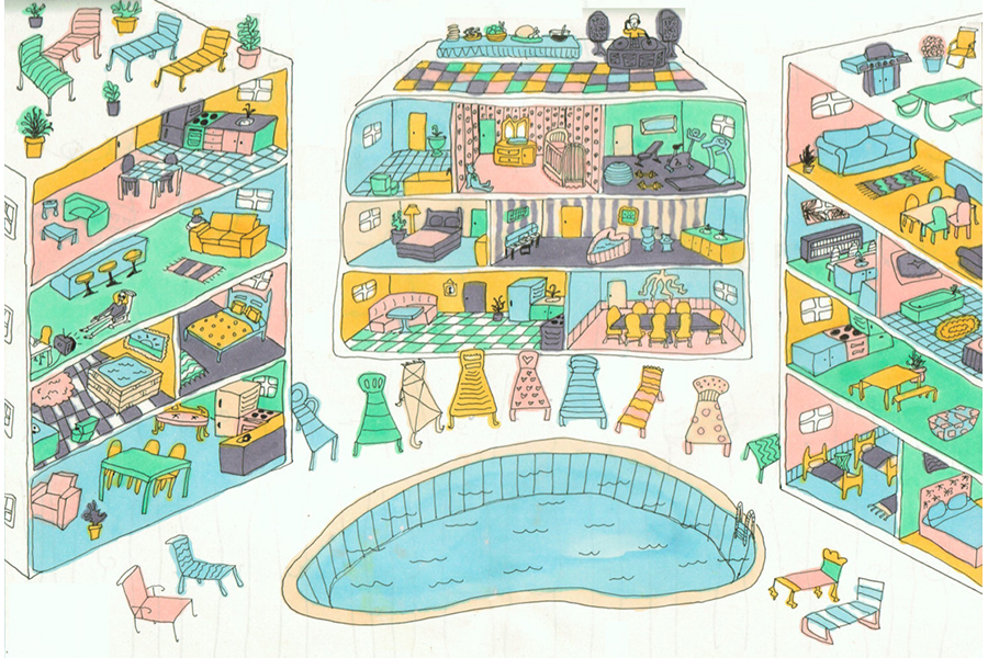 Illustration of three hotel buildings around a pool; the interiors of the hotels are visible, as if doll-houses