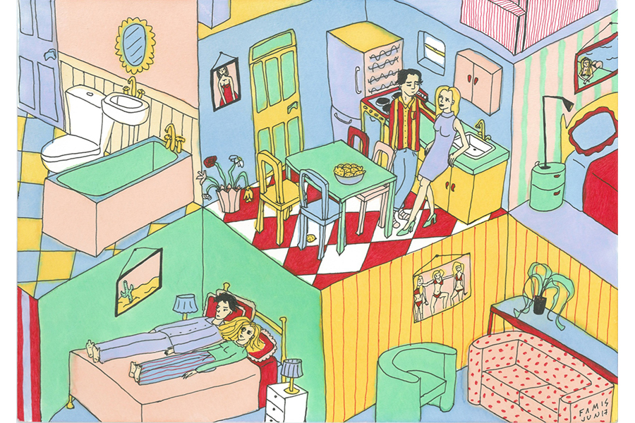 Illustration of two apartment interiors, one atop the other, in one a couple, a man and a woman, lean back on a kitchen counter, talking to one another; in the lower apartment, an almost identical couple lies on top of the bed, each wearing pajamas and looking straight up.