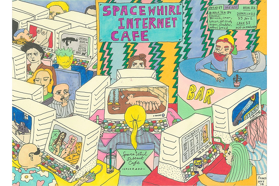 Illustration of a brightly-colored room with a sign reading "Spacewhirl Internet Cafe"; most of the frame is filled with people on blocky computers, their screens showing a range of images--porn, piglets suckling at their mother's breast, gun sales, among them--to the right-hand side is a bar, on top of which a man lays down on his belly; behind them the cafe's menu is visible, the offerings including bubble tea in various ludicrous flavors (e.g. "cheddar" and "sugar"), $9 bread, and $1 dumplings