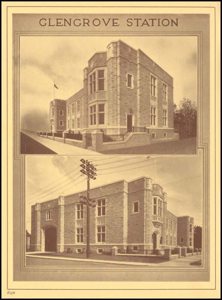 Two sepia drawings of a brick building from different angles