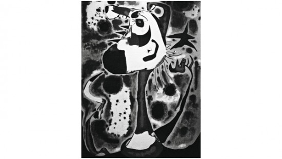 A large abstracted figure in black and white.