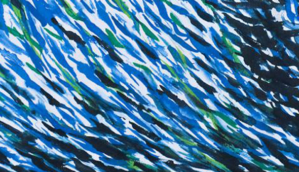 Art by Raymond Pettibon of blue, green and black brush strokes.