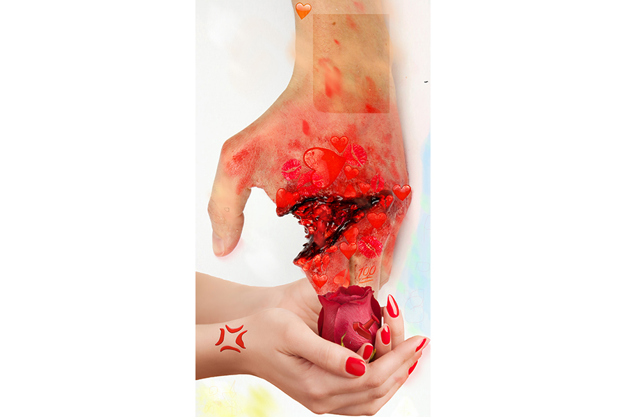 A pair of hands holds a rose, while another hand above it rips apart like a pomegranate, revealing a red interior, red blush and heart emojis. 