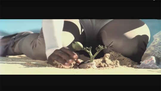 Closeup of a plant sprouting out of sand, a woman kneeling and cupping her hand around it