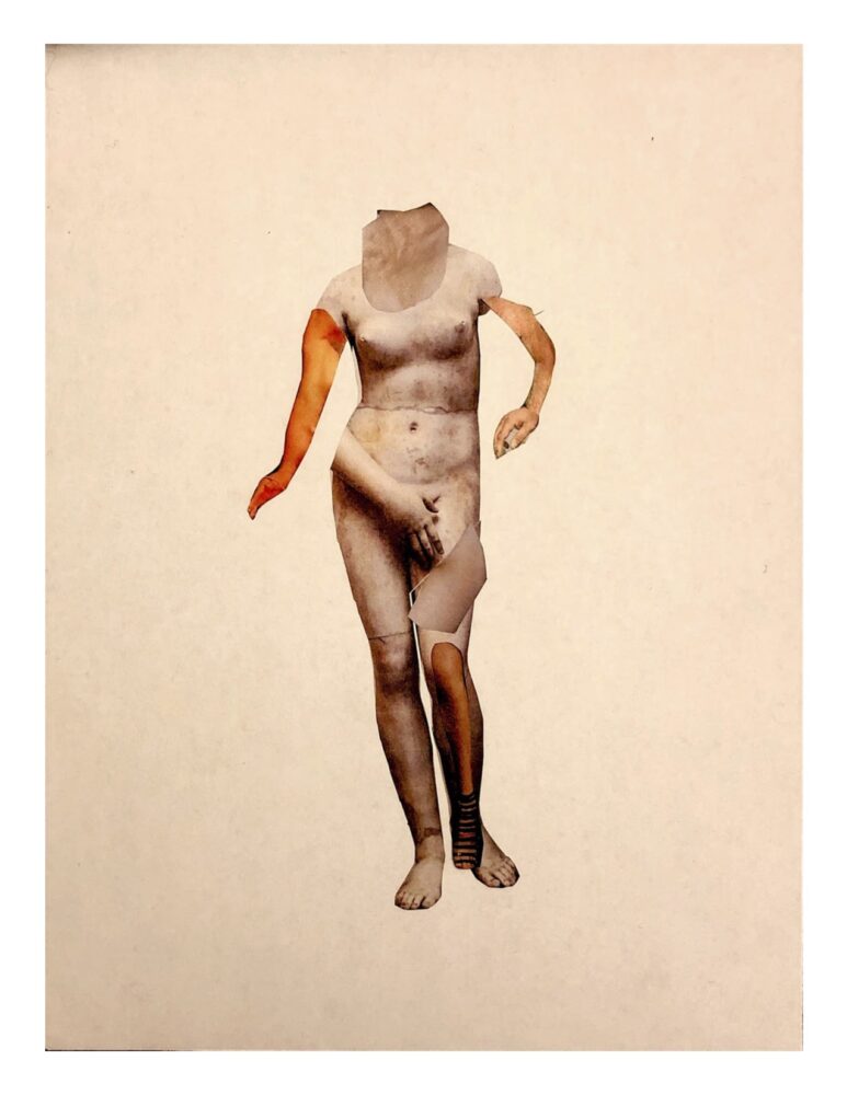 Collage depicting the headless sculpture of a female figure, each limb from a different source 