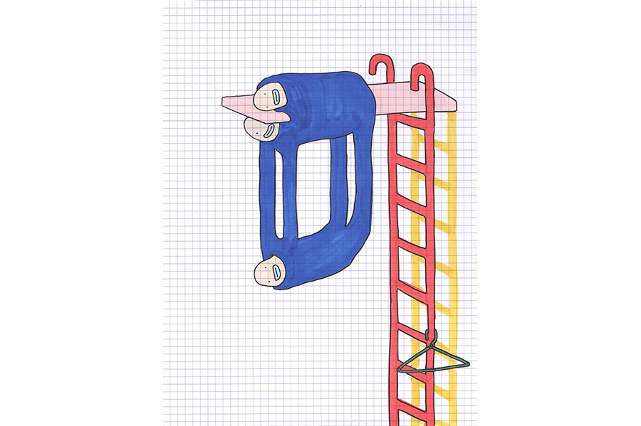 Doodle of three intertwined blue figures hanging off a tall diving board. 