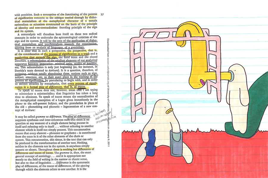 Marked up book page and playground doodle side by side. 