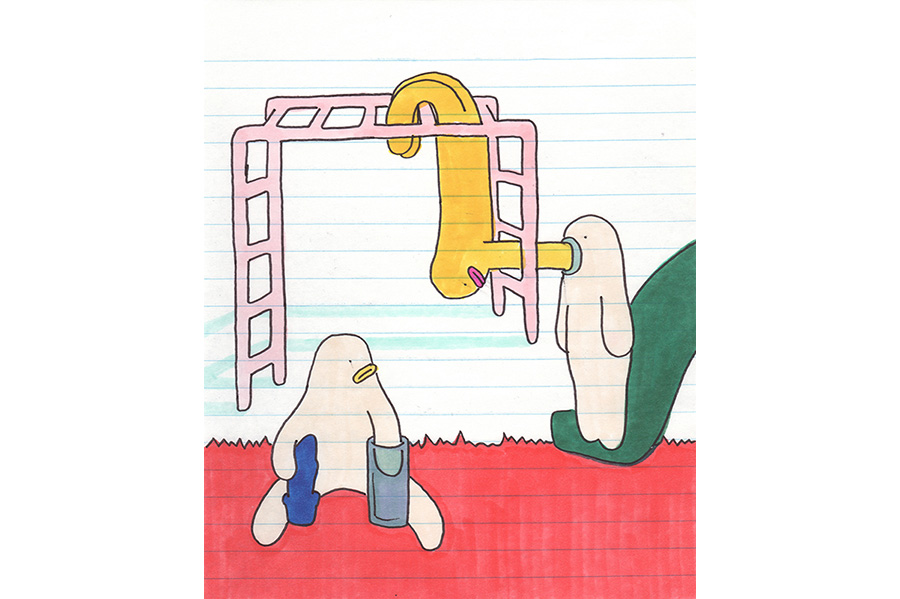 Doodle of two figured on a playground area on lined paper. 