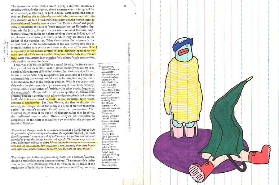 Feminine Mystique page and following doodle side by side. 
