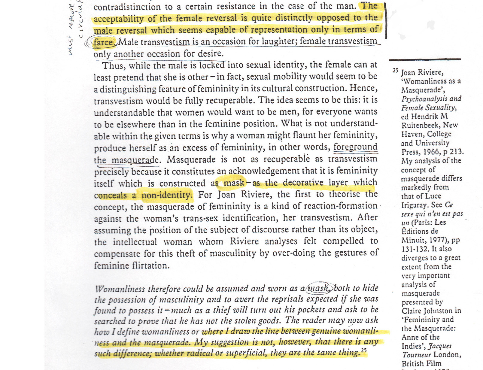 Page of "Film and the Masquerade: Theorizing the Female Spectator" marked up with yellow highlighter. 