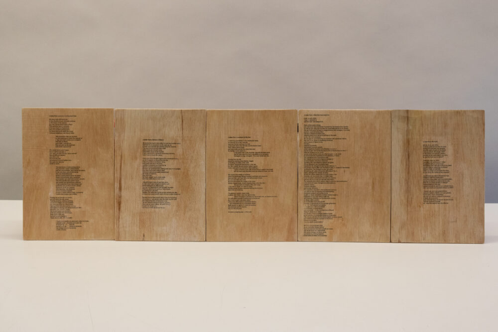 Wood panels with the author's "Brasil Poems" printed on with black ink. 