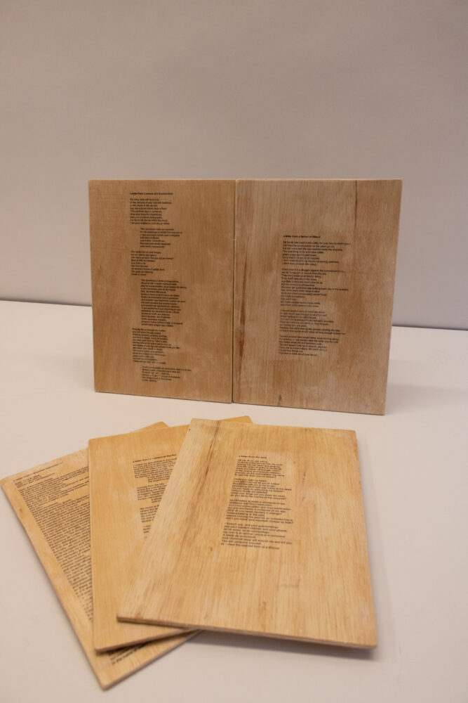 Wood panels with the author's "Poems for Brasil" printed in black ink.