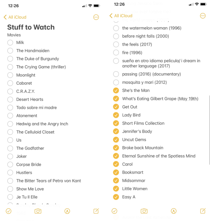 Screenshot of an iPhone notes app titled "Stuff to Watch" with only about a third of the titles checked off. Some of the checked off titles include Lady Bird, Booksmart, Little Women, and Eternal Sunshine of the Spotless Mind.
