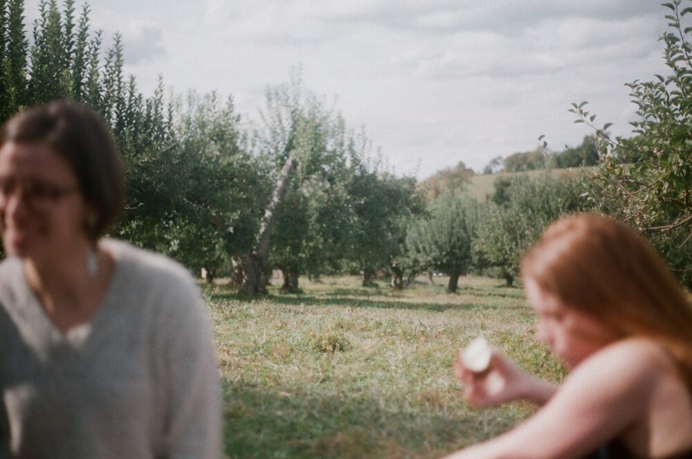 Hannah and Charlotte frame the gorgeous, green landscape of an apple orchard.