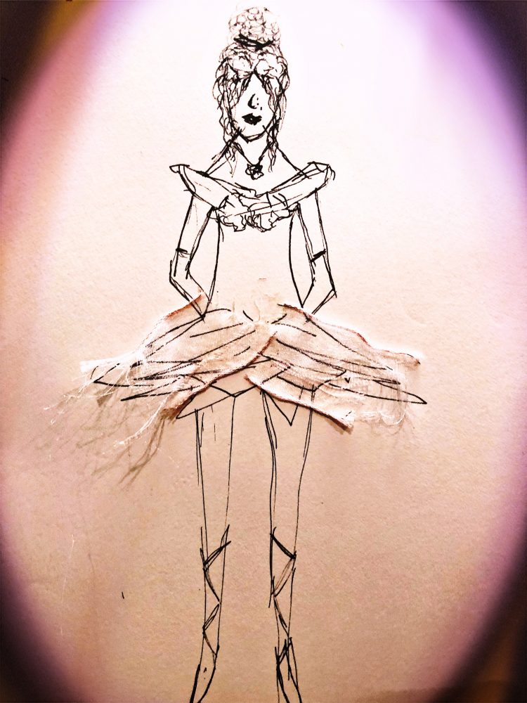 Line drawing of an eyeless ballerina, with hair in a high bun, necklace, leotard and tutu. Glued to the tutu are pieces of frayed pink ribbon.