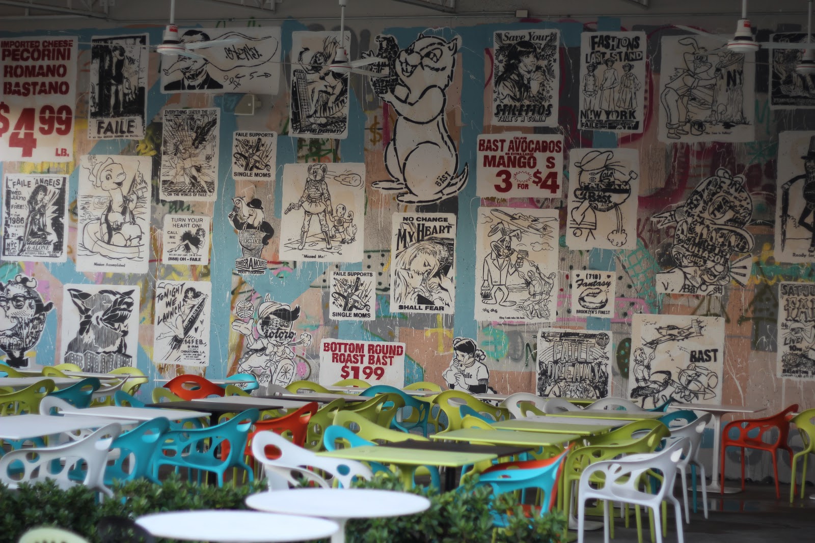 A restaurant wall decorated with images of cartoon characters. 