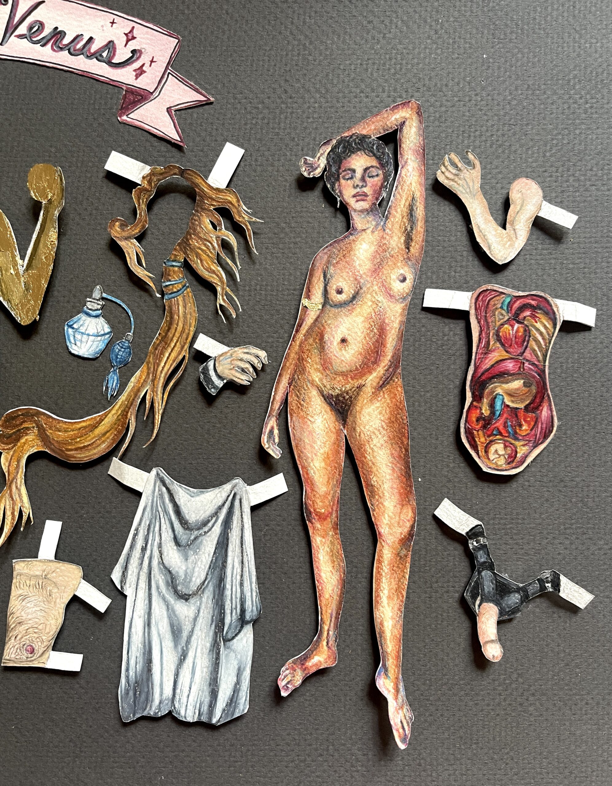 A woman poses naked with body parts surrounding her.