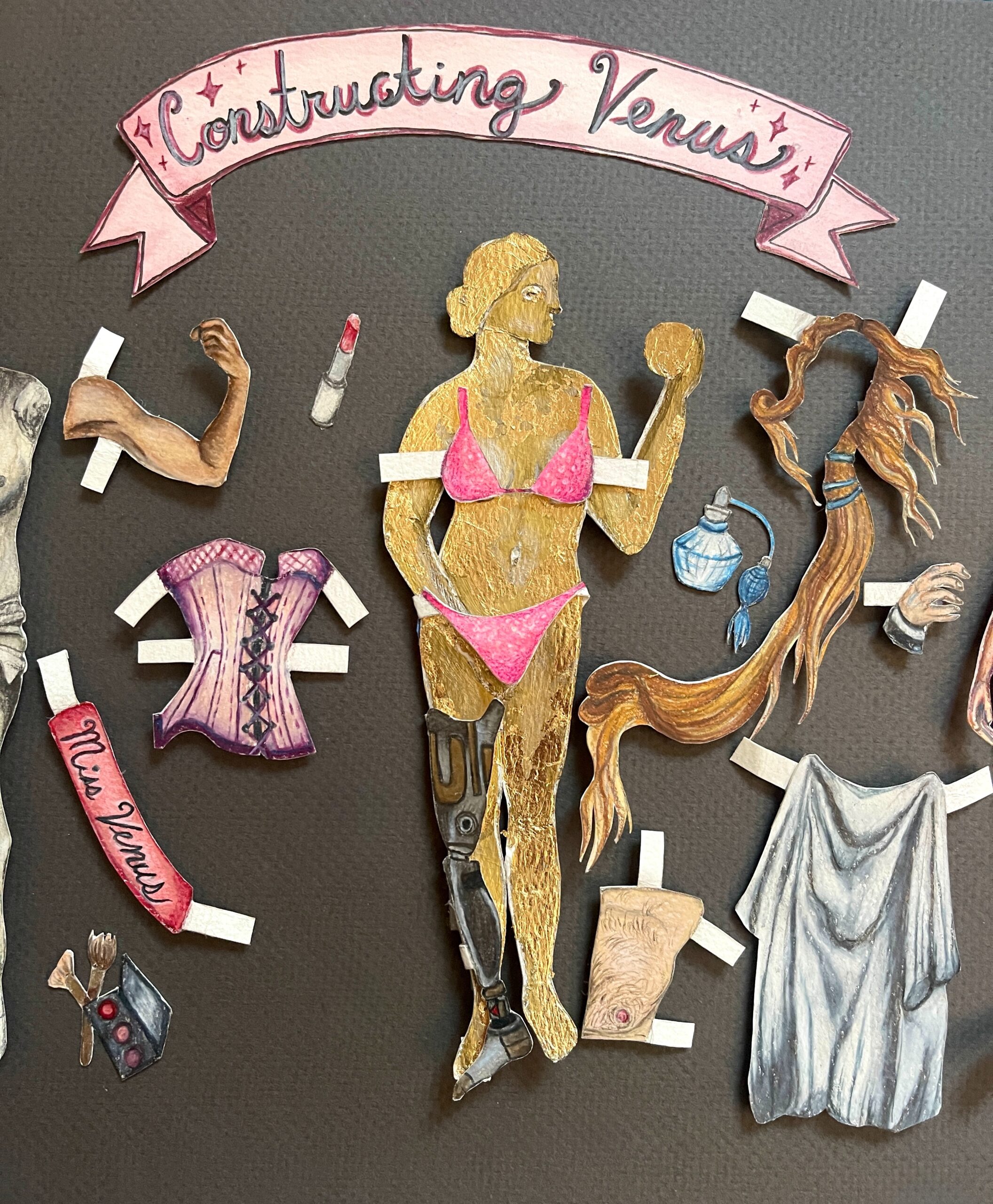 Image shows a detailed shot of the art work in which a pink bikini and crown have been imposed on top of a drawing of the Venus de Milo as if the statue were a paper doll.