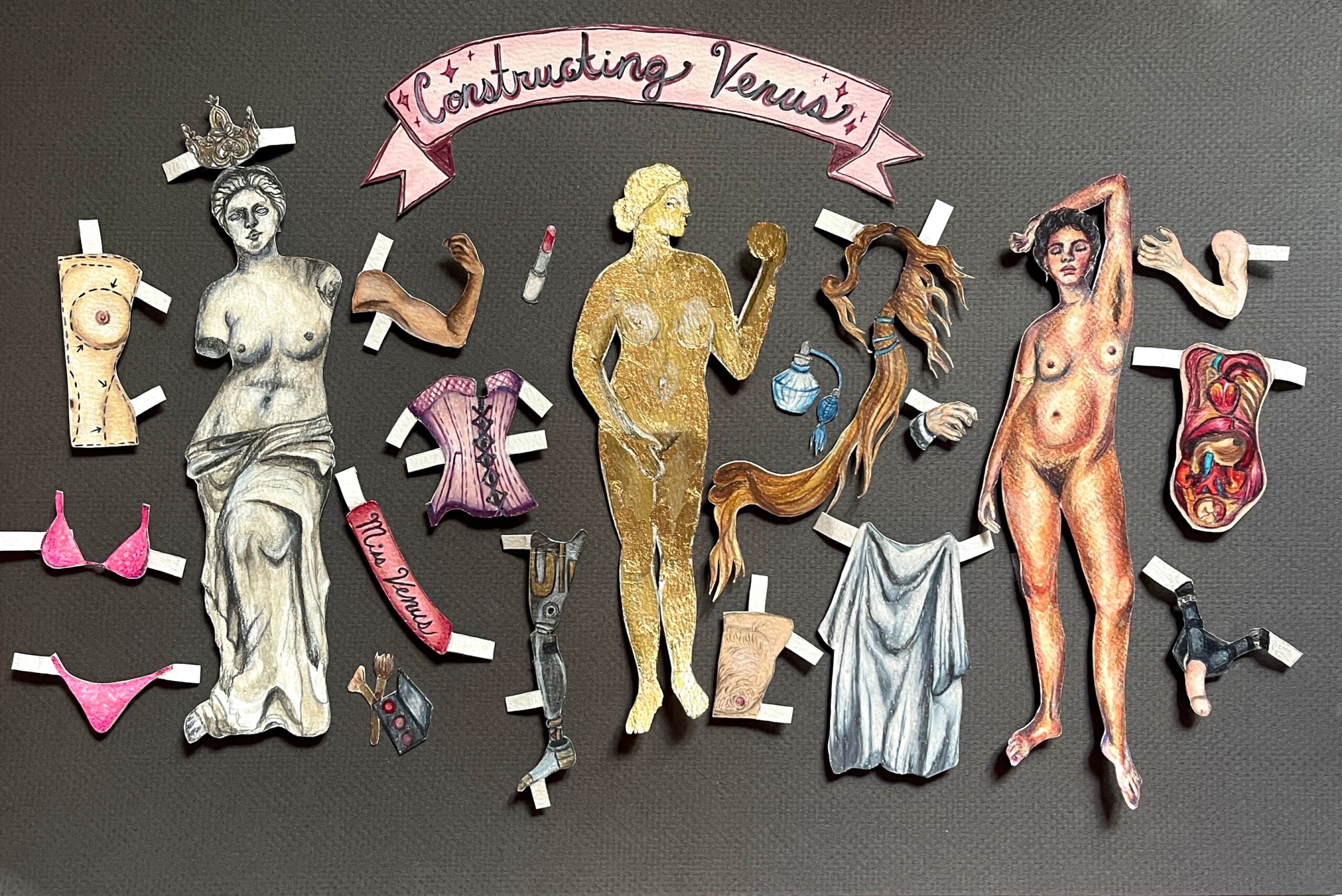 Image of art work depicting three main figures, each of which represent a version of Venus or Aphrodite. The black and white figure on the left resembles the Venus de Milo. The middle figure is abstract in its visual presentation, the details of the body obscured by the application of gold leaf. The figure on the right shows a woman standing in a posed position and rendered in full color. Around these figures an array of objects and different body parts have been placed each accompanied by a set of foldable paper tabs. Above all this imagery, sits a banner that reads “Constructing Venus” indicating that the viewer is meant to construct their own version of Venus by removing the different items and placing them onto the figures.