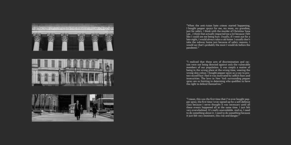 Black-and-white photographs are placed atop one another on the left-hand page: they display a building frieze, a facade, and a man walking towards the camera. On the facing page there are three blocks of text.