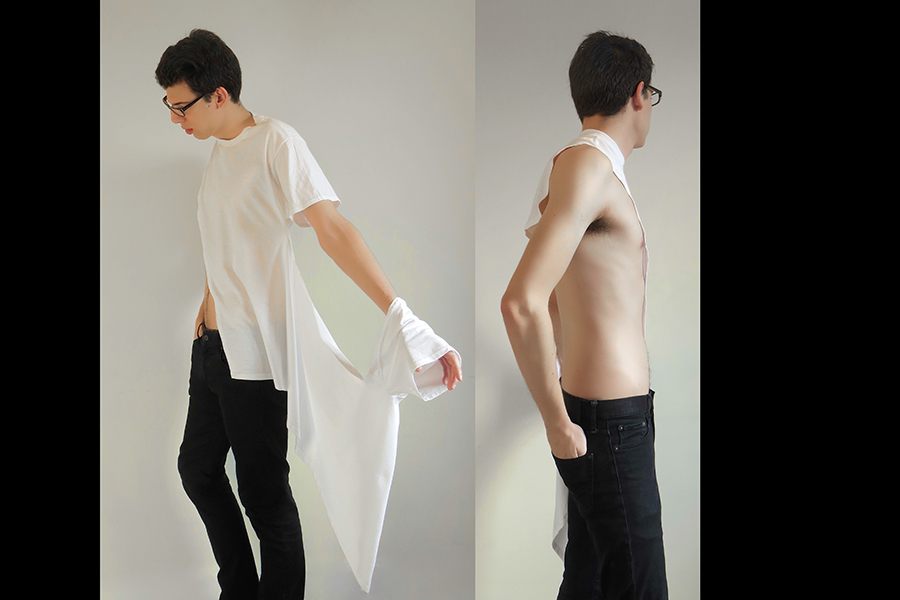 The left and right view of the shirt: left side covered by the sleeve, right side bare save for the collar.