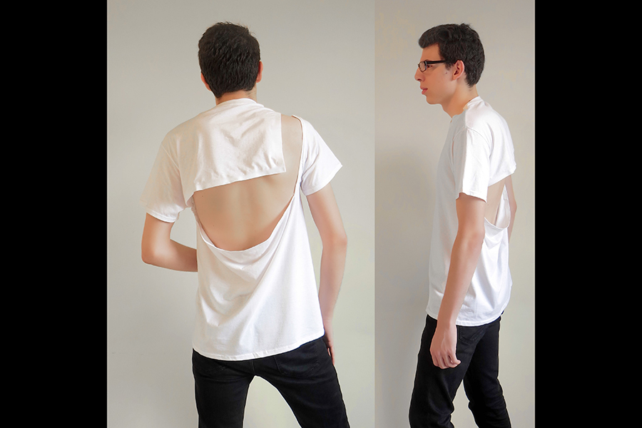 Back and side view of the shirt: the back with an open space and the side with a typical t-shirt sleeve.