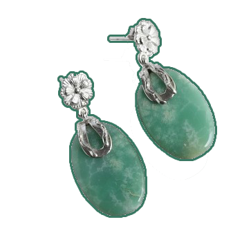An antique pair of oval jade earrings, hanging from sterling silver posts in the shape of flowers. 