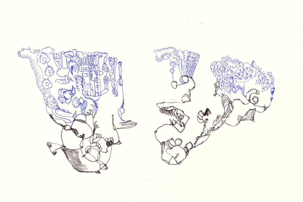 Line drawing titled "Floating Philosophers": Black figure with blue abstractions emerging from the top. 