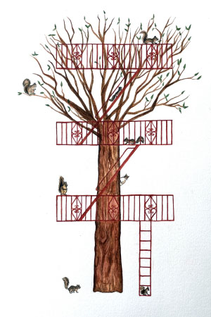 Digital drawing of tree, housing a five our six squirrels, with a ladder halfway up the trunk connecting three balconies going up to the branches.