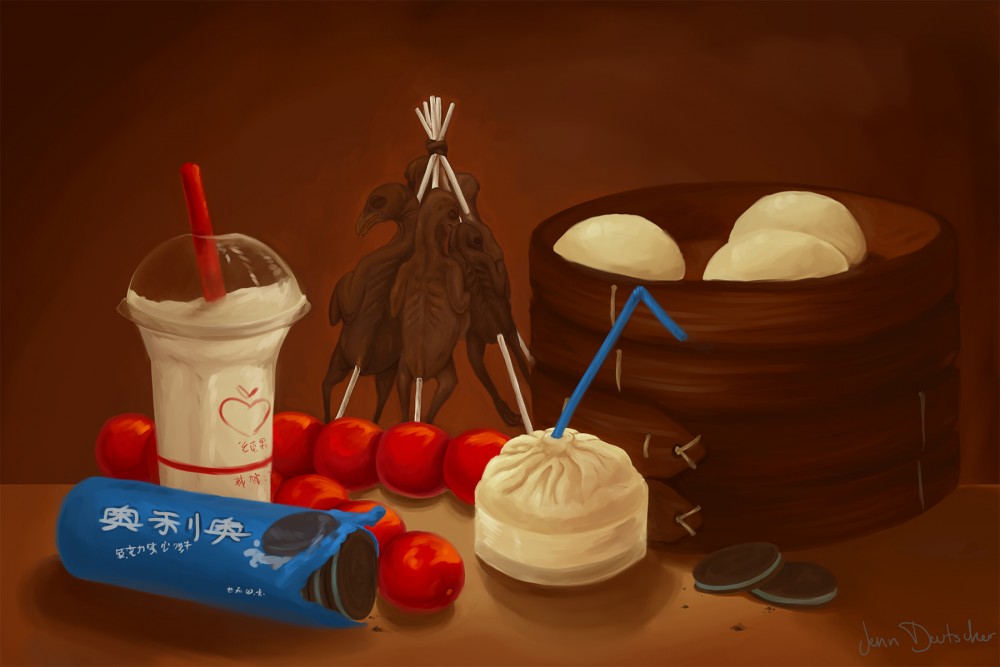Digital photograph showing some Chinese delicacies: A lemon smoothie, candied hawberries, blueberry Oreos, roasted pigeon, buns, and dumplings