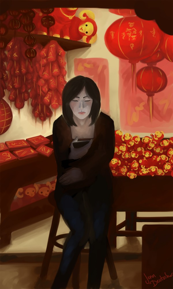 Digital painting of a young shopowner checking her phone.  