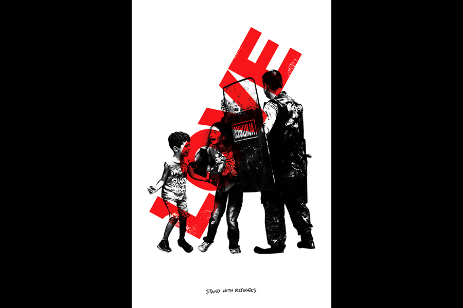 Two young children crying, an officer in riot gear, and an older man crying in black and white with the word "Love" superimposed over them in red; the words "stand with refugees" under.