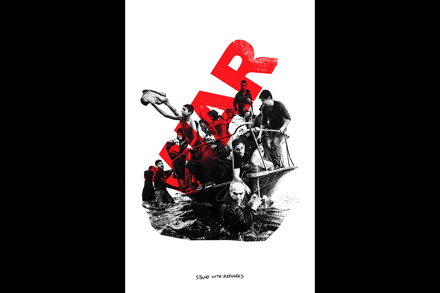 A group of people in a boat, some in the nearby water, with the word "War" superimposed in red; the words "stand with refugees" under.