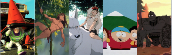 Stills from "Toy Story 2," "Tarzan," "Princess Mononoke," "South Park: Bigger, Longer, and Uncut," and "The Iron Giant."