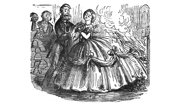 A black-and-white line drawing shows a woman in a dress with a voluminous skirt, which has caught fire at the back; she holds hands with a man with an alarmed expression, while her own pleased expression suggests she's not yet aware she's caught fire.