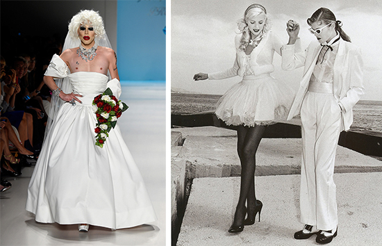 Left: Sharon Needles models for Betsy Johnson's Spring 2015 collection; Right:  Nadja Auermann by Helmut Newton for Blumarine, Fall 1994