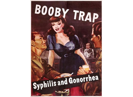 Old poster of two men looking at a woman, with words "Booby Trap / Syphilis and Gonorrhea'