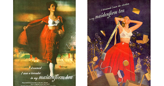 Two Maidenform Bra ads in which a woman wearing red is undressing, with her top off.