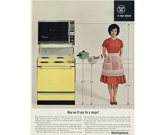 A Westinghouse stovetop range ad where a woman's height is measured against a stovetop. 