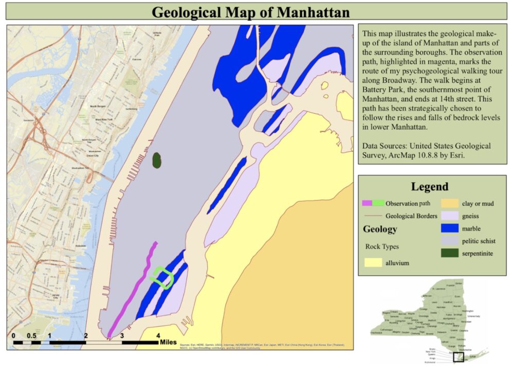 A map of Manhattan showing pelitic schist throughout most of Manhattan, gneiss near the lower waterways, streaked with marble and a spot of serpentinite, and marking the author’s observation areas.