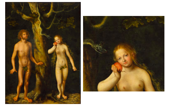 Adam and Eve stand next to one another. Eve holds the uneaten Forbidden Fruit in her hand as she looks, blankly, at her viewer.