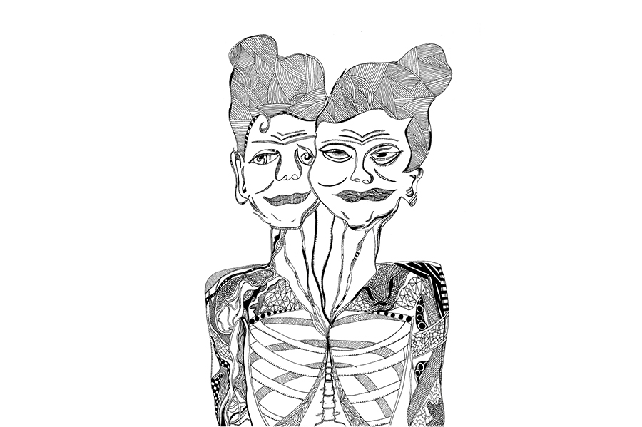 Two women's heads joined in one skeletal body. 