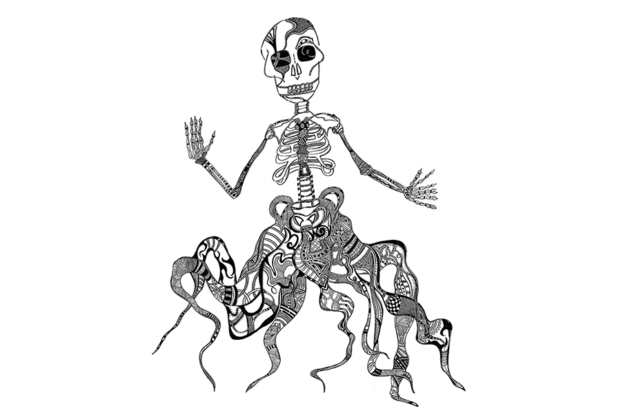 Skeletal torso with a wavy, tentacle-like bottom half. 