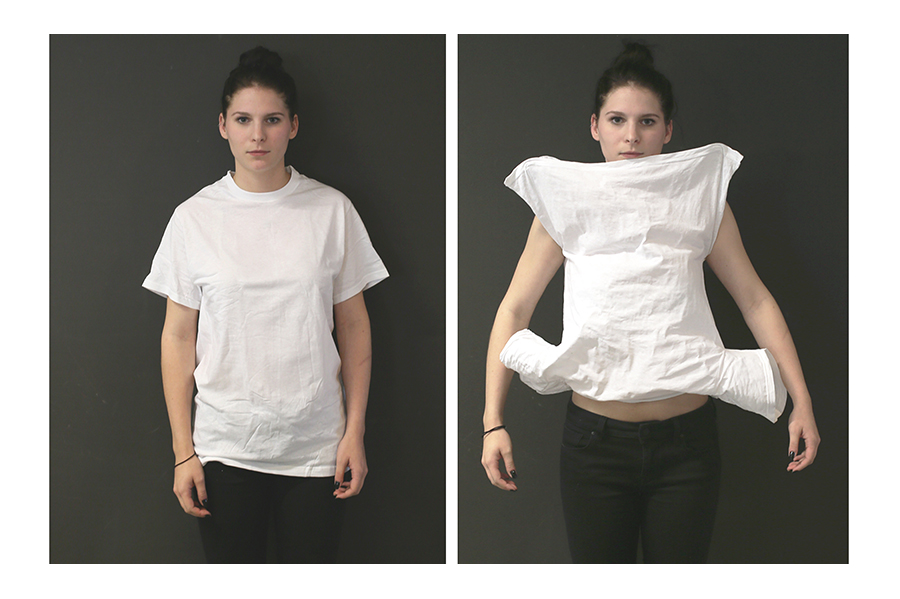 Two side-by-side shots: a woman wears a plain white t-shirt, and the woman wears the white t-shirt, stiffened into two pointed shoulders and a wide base. 