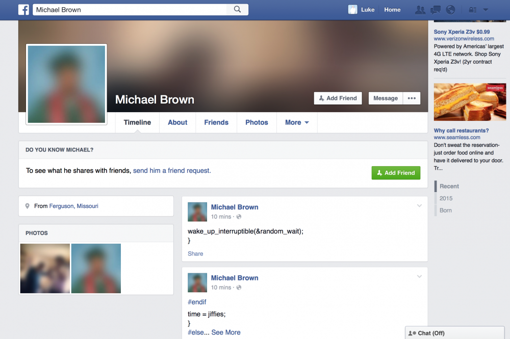 Screenshot of Michael Brown Facebook page (with a blurred profile picture). 