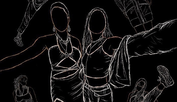 Outline drawing of two girls taking a selfie on a black background